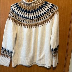 CeCe Nordic Pattern Turtleneck Sweater - Cream, Navy, Brown